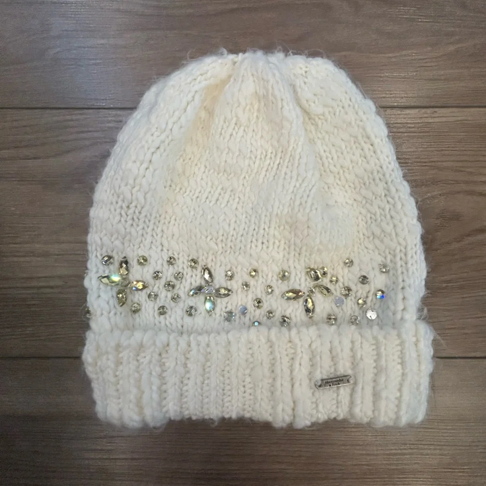 Abercrombie & Fitch Cream Rhinestone Knit Beanie Hat